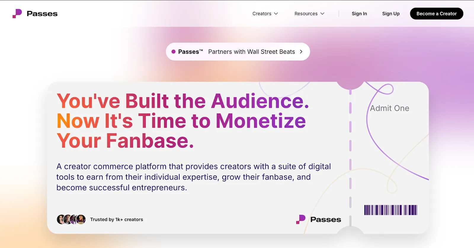 Passes homepage showing creator subscription tools, memberships, and fan engagement features
