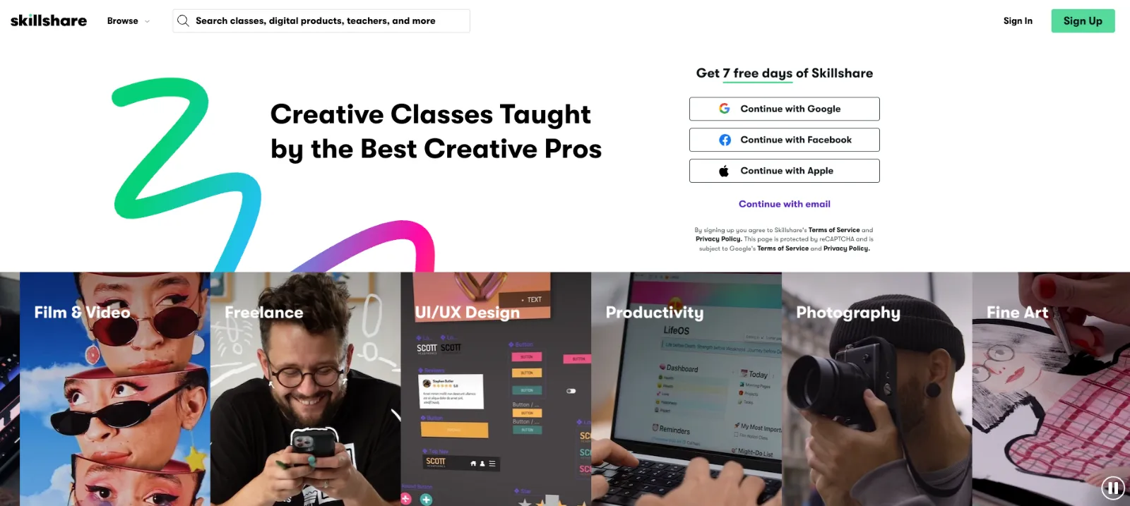 Skillshare homepage highlighting film & video, freelance, productivity, and more