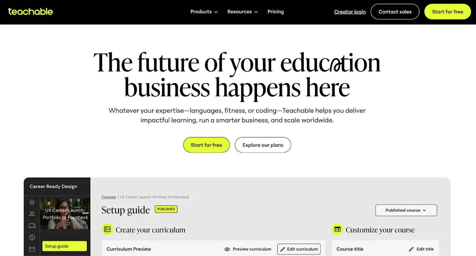 Teachable homepage displaying online course creation, subscriptions, and sales tools