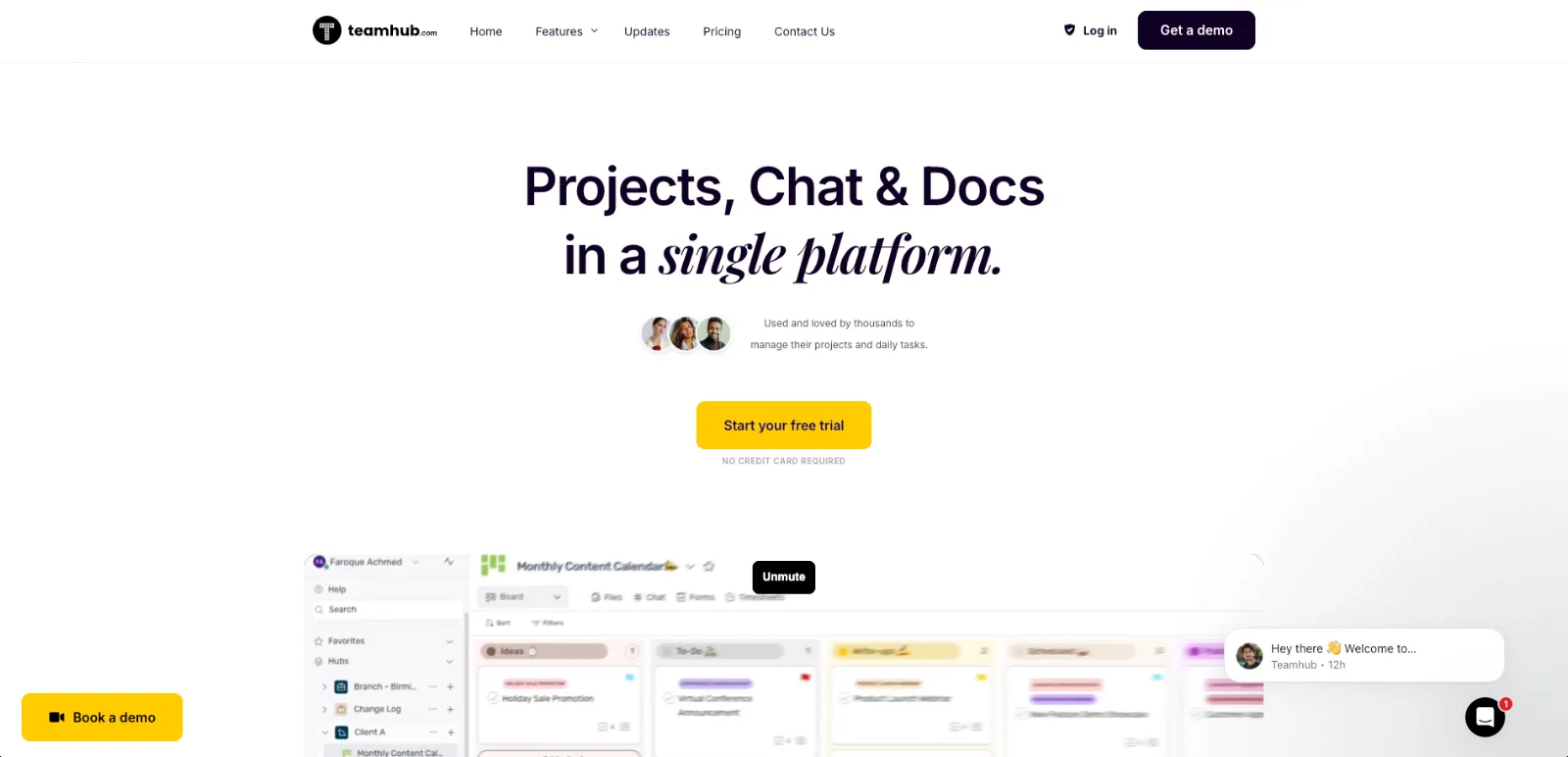 Teamhub.com’s homepage showcasing features, updates, and more