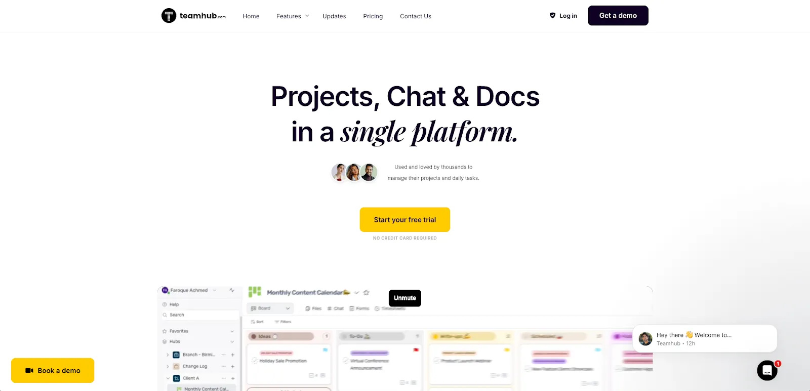 Teamhub.com’s homepage showcasing features, updates, and more