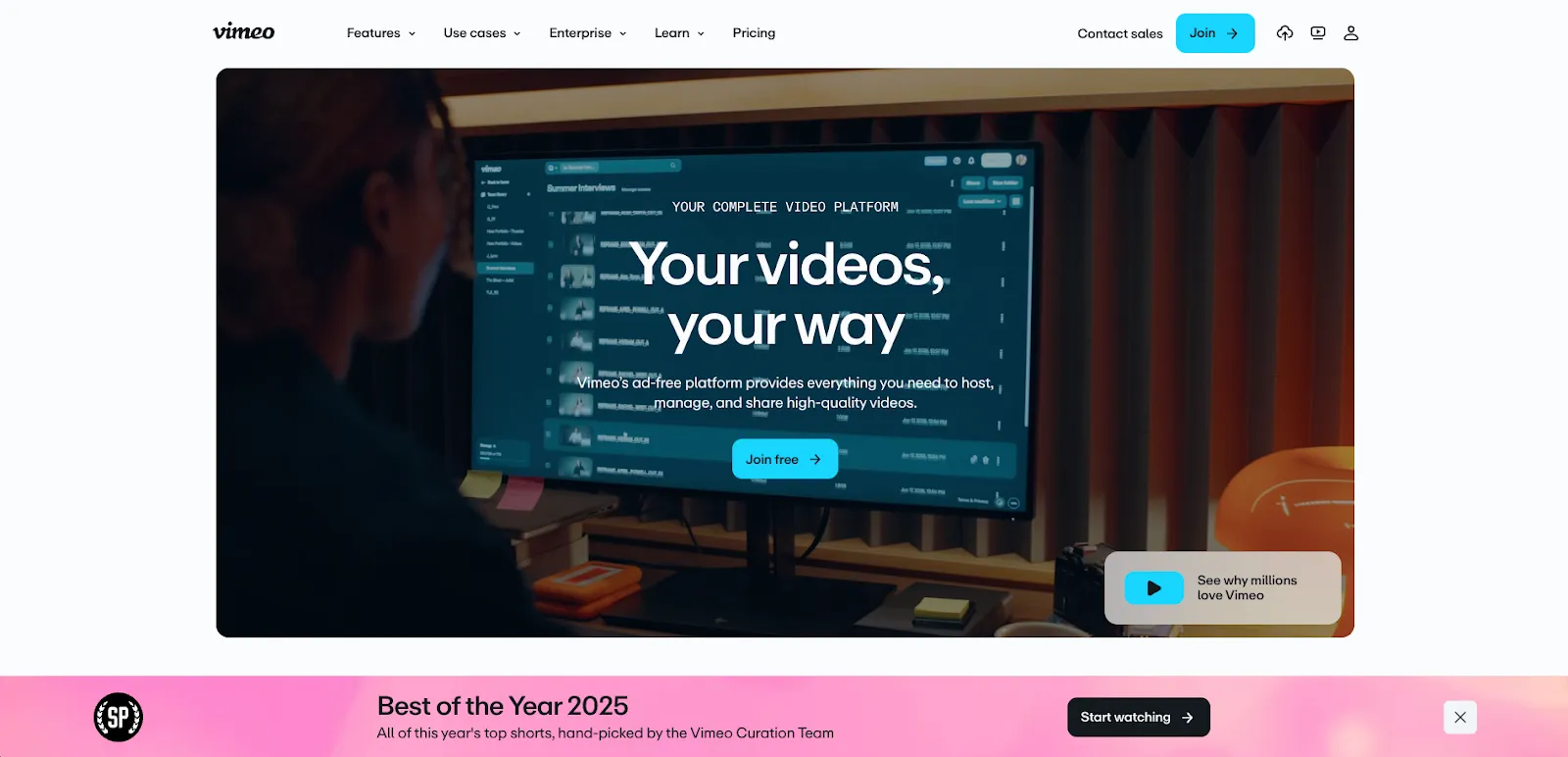 Vimeo homepage showing features, use cases, and more