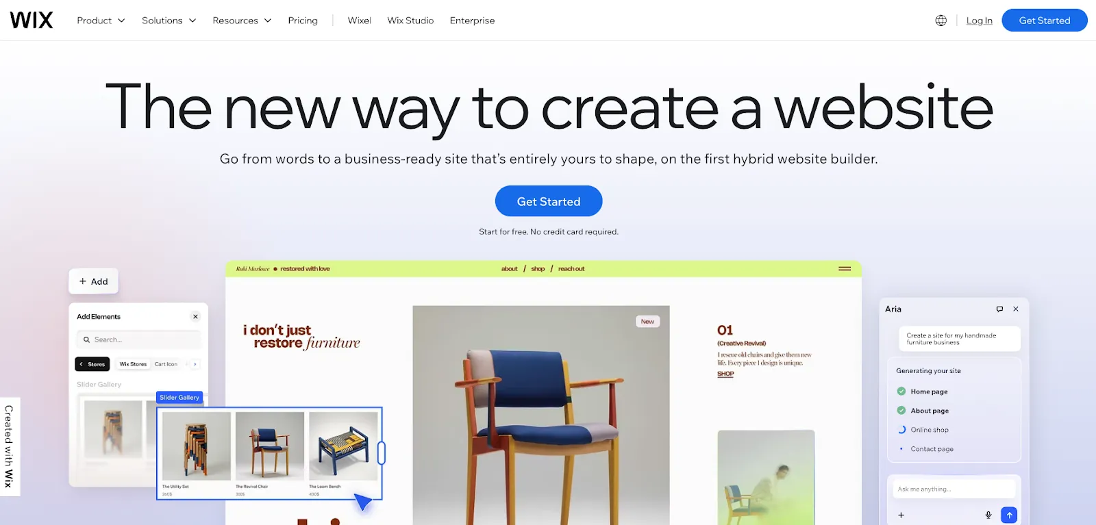 Wix homepage showing solutions and more