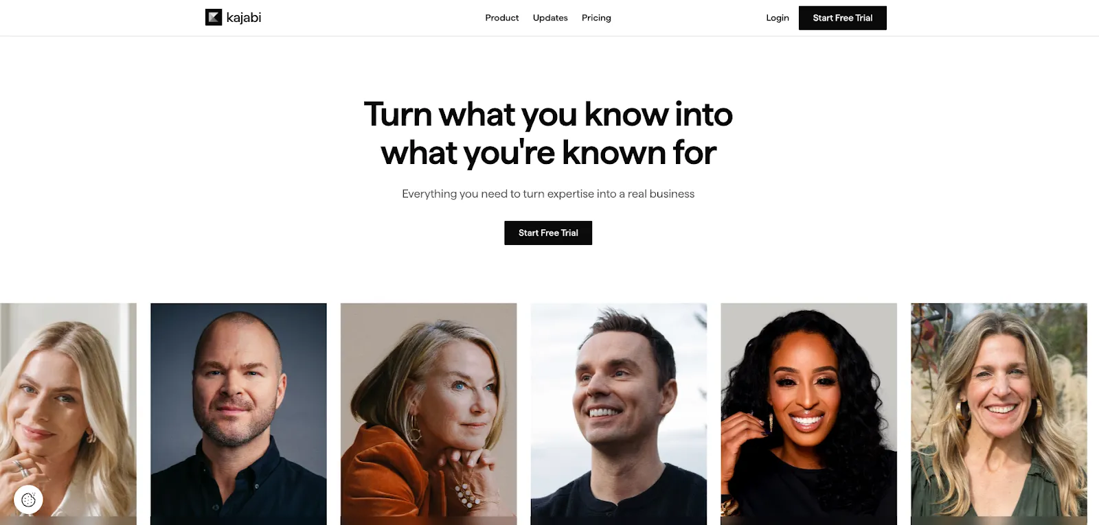 Kajabi homepage displaying online courses, subscriptions, and marketing automation tools