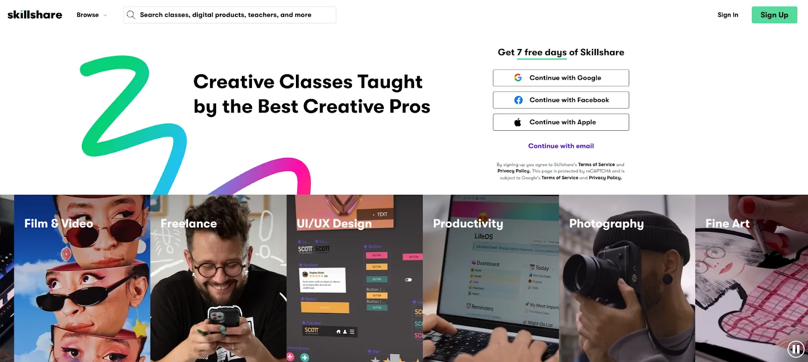 Skillshare homepage highlighting film &amp; video, freelance, productivity, and more