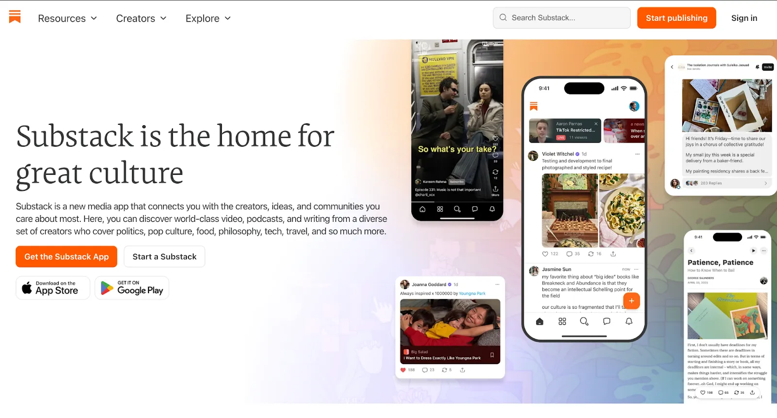 Substack homepage highlighting resources, creators, and more