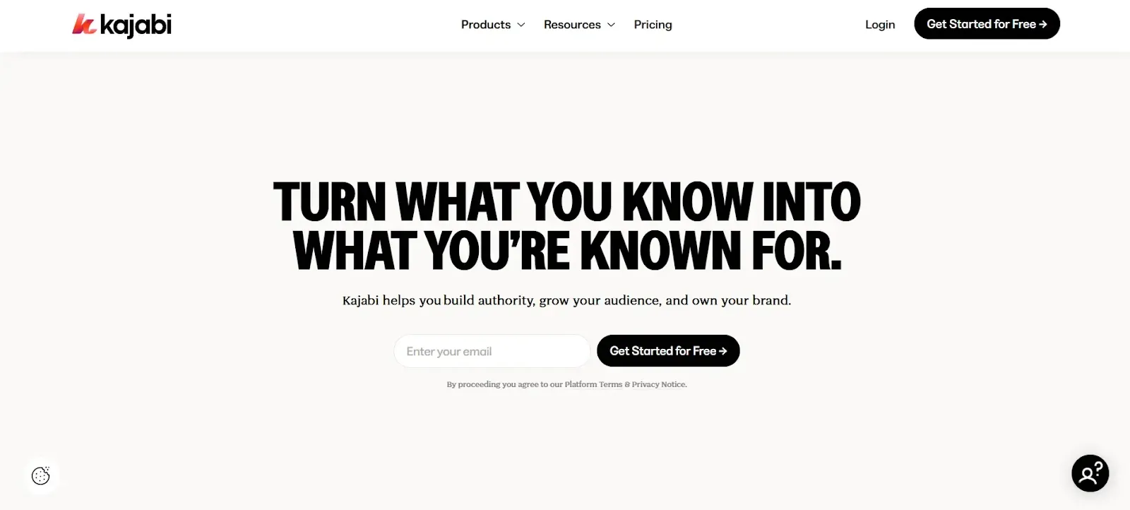 Kajabi homepage displaying online courses, subscriptions, and marketing automation tools