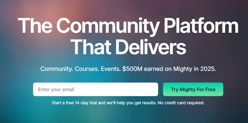 Mighty Networks homepage featuring community building, courses, and live events
