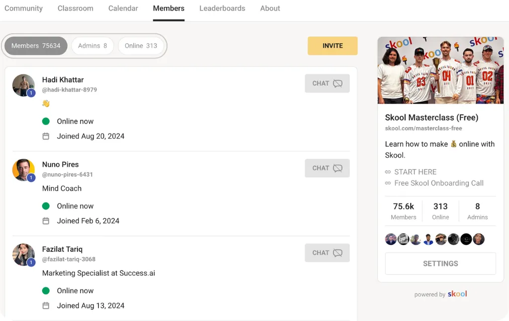 Skool homepage showing community discussions, courses, and membership features