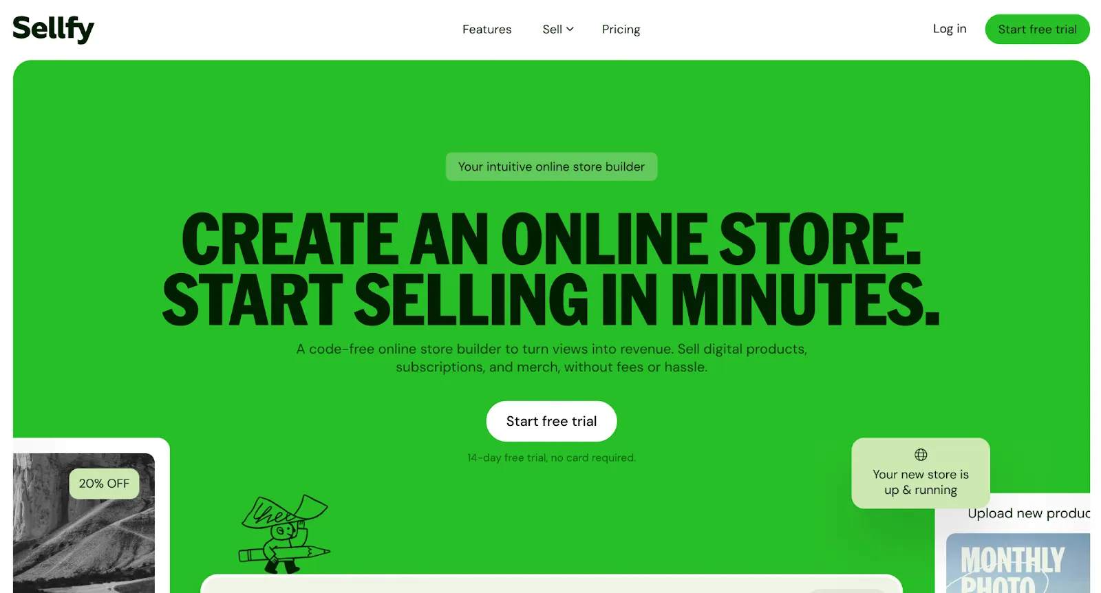 Sellfy homepage with offers and trial