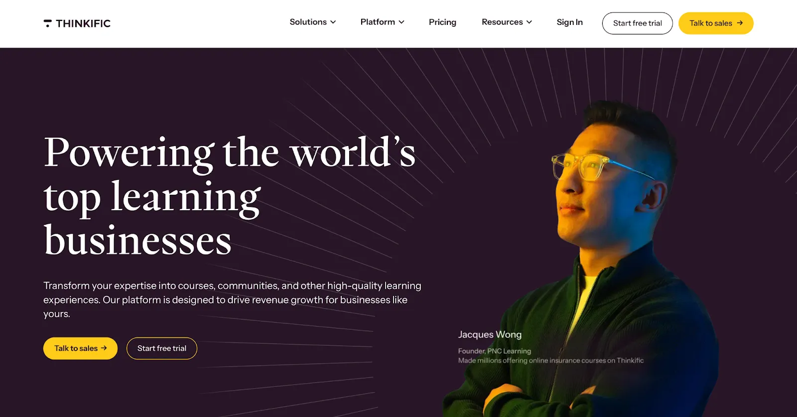 Thinkific homepage displaying solutions, platform, and more