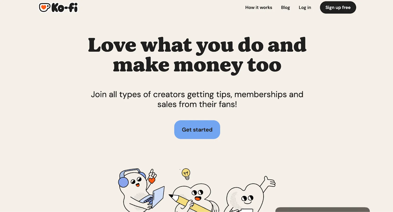 Ko-fi homepage showing creator tips, memberships, commissions, and digital shop features